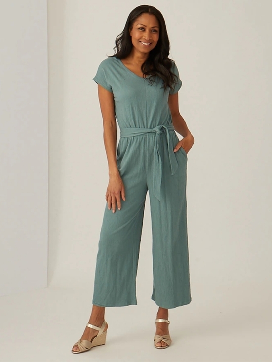 Cuddl Duds Pants - Cuddl Duds Sage Short-Sleeve Tie-Waist Jumpsuit